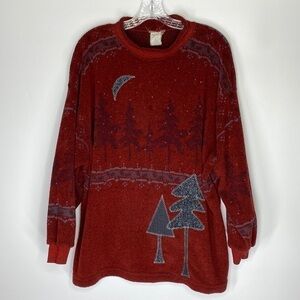 Vintage Artisans Red Evergreen Forest Crewneck Sweater Size XL
